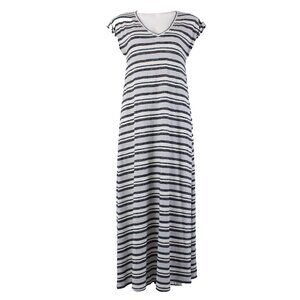 Lou Grey For Loft Dress $80 Sz M White Gray Navy Striped Cotton Poly Dress